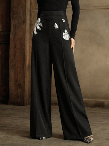 Anewsta Women's Elegant Rhinestone Embellished Wide Leg Dress Pants