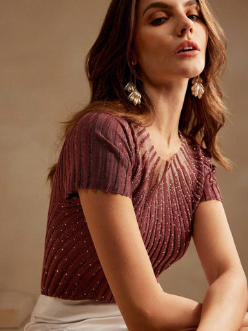 Women's Elegant Short Sleeve Rhinestone Decor Semi-Sheer Knit Top