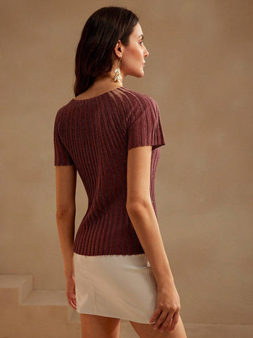 Women's Elegant Short Sleeve Rhinestone Decor Semi-Sheer Knit Top