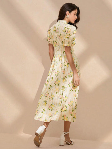 Anewsta Women's Elegant Striped Floral Mini Puff Sleeve Fitted Dress, Summer