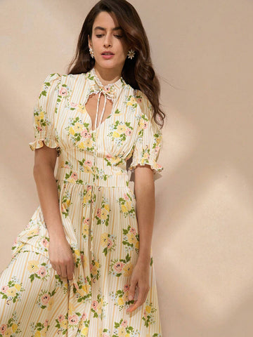 Anewsta Women's Elegant Striped Floral Mini Puff Sleeve Fitted Dress, Summer