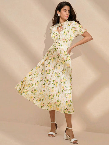 Anewsta Women's Elegant Striped Floral Mini Puff Sleeve Fitted Dress, Summer