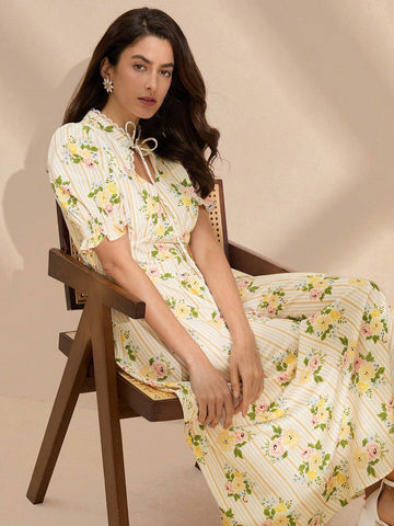 Anewsta Women's Elegant Striped Floral Mini Puff Sleeve Fitted Dress, Summer