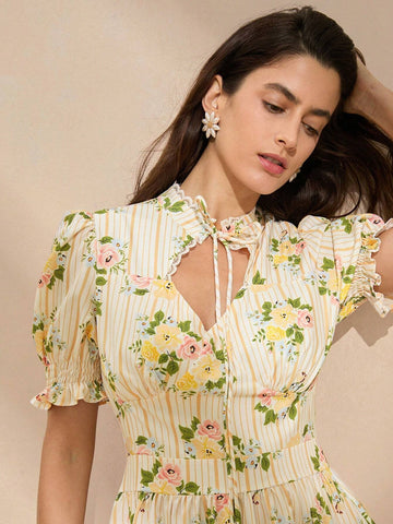 Anewsta Women's Elegant Striped Floral Mini Puff Sleeve Fitted Dress, Summer