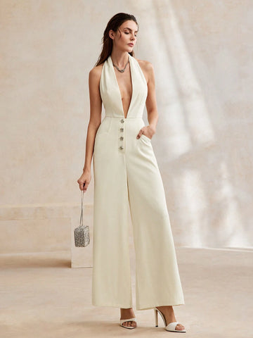 Anewsta Women's Elegant Urban Deep V-Neck Sleeveless Jumpsuit