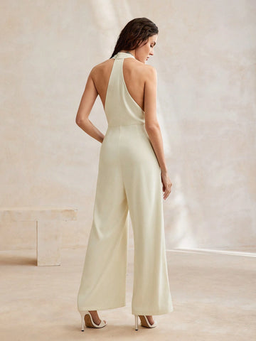 Anewsta Women's Elegant Urban Deep V-Neck Sleeveless Jumpsuit