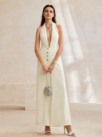 Anewsta Women's Elegant Urban Deep V-Neck Sleeveless Jumpsuit