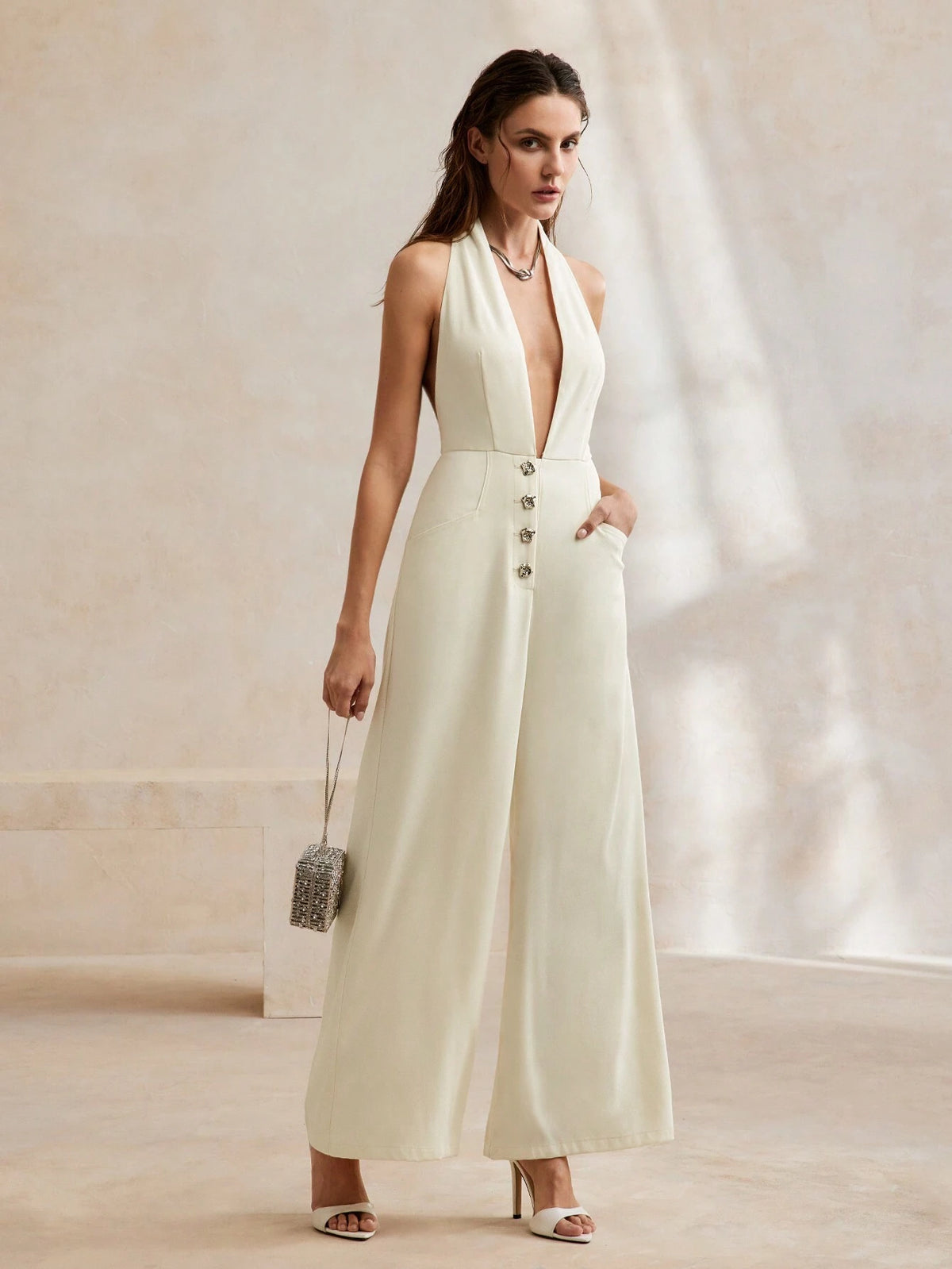 Anewsta Women's Elegant Urban Deep V-Neck Sleeveless Jumpsuit