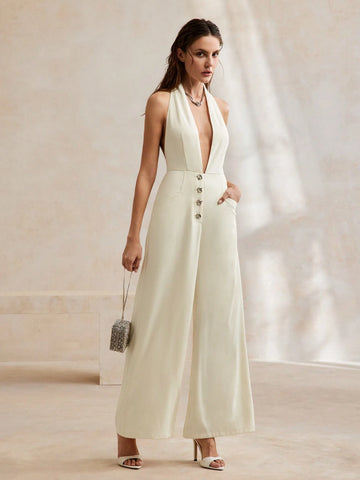 Anewsta Women's Elegant Urban Deep V-Neck Sleeveless Jumpsuit