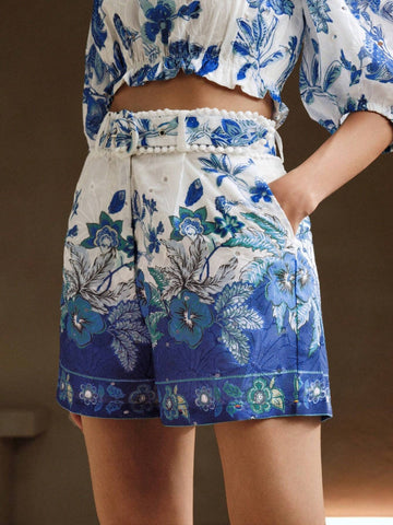 Anewsta Women's Fashionable Allover Print Belted Shorts With O-Ring And Pockets Design