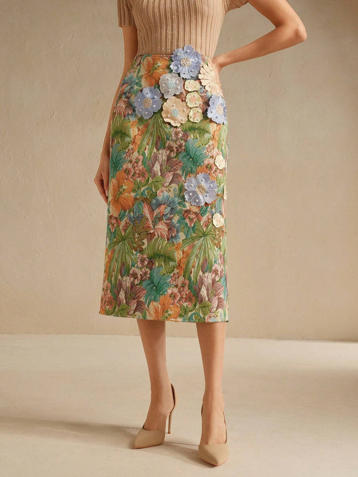 Anewsta Women's Floral Applique Hand-Beaded 3D Embroidered Trumpet Hem Skirt