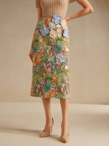 Anewsta Women's Floral Applique Hand-Beaded 3D Embroidered Trumpet Hem Skirt