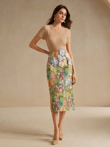 Anewsta Women's Floral Applique Hand-Beaded 3D Embroidered Trumpet Hem Skirt