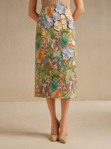 Anewsta Women's Floral Applique Hand-Beaded 3D Embroidered Trumpet Hem Skirt