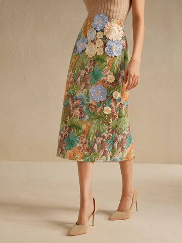 Anewsta Women's Floral Applique Hand-Beaded 3D Embroidered Trumpet Hem Skirt