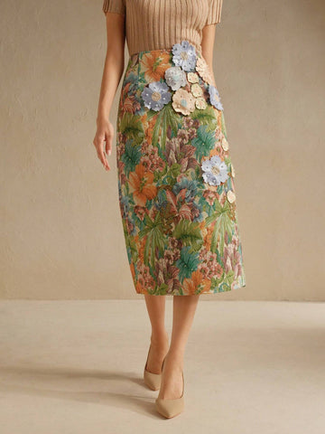 Anewsta Women's Floral Applique Hand-Beaded 3D Embroidered Trumpet Hem Skirt