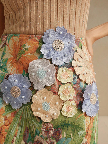 Anewsta Women's Floral Applique Hand-Beaded 3D Embroidered Trumpet Hem Skirt