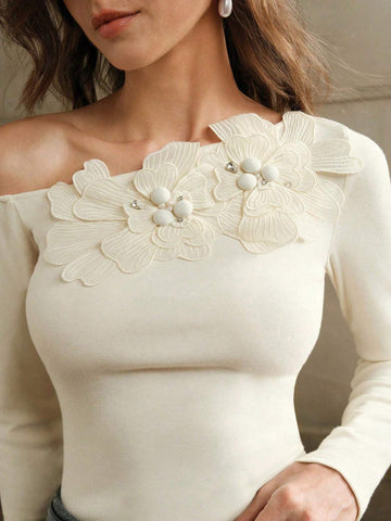 Women's Floral Embroidered, Beaded & Rhinestone Decor One Shoulder Slim Fit Knit T-Shirt Top, Autumn/Winter