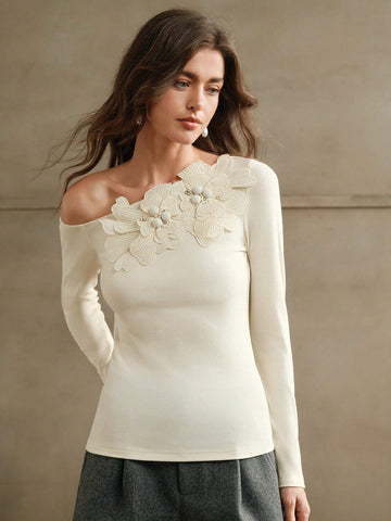Women's Floral Embroidered, Beaded & Rhinestone Decor One Shoulder Slim Fit Knit T-Shirt Top, Autumn/Winter