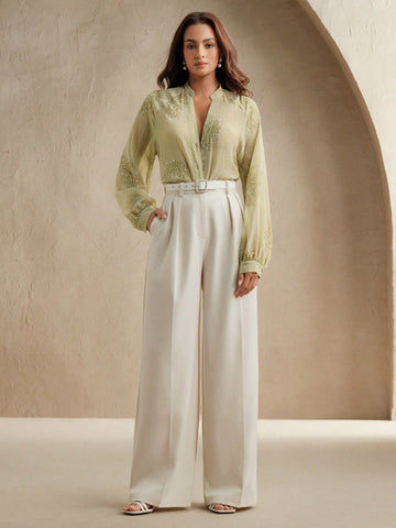 Anewsta Women's Floral Embroidery & Sequin Embellished V-Neck Long Sleeve Elegant Blouse, Suitable For Work