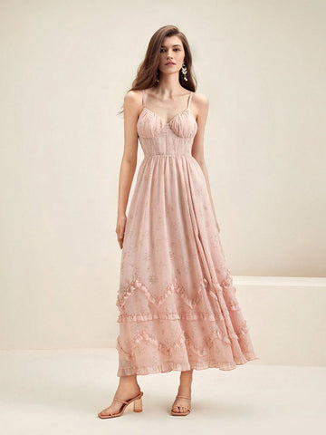 Anewsta Women's Floral Print Asymmetric Hem Spaghetti Strap Dress With Ruffle Detail