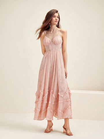 Anewsta Women's Floral Print Asymmetric Hem Spaghetti Strap Dress With Ruffle Detail