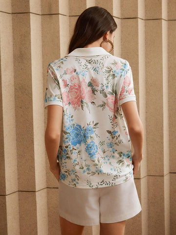 Anewsta Women's Floral Print Short Sleeve Polo Collar Casual T-Shirt, Summer Graphic Tees Women Tops