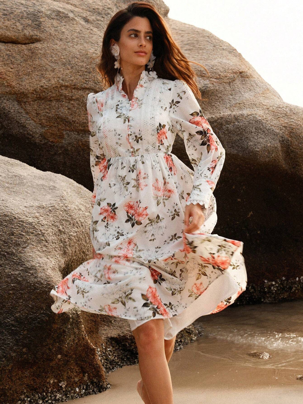 Anewsta Women's Floral Print Stand Collar Long Sleeve Elegant Dress With Flounced Hem For Spring/Summer