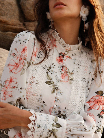 Anewsta Women's Floral Print Stand Collar Long Sleeve Elegant Dress With Flounced Hem For Spring/Summer