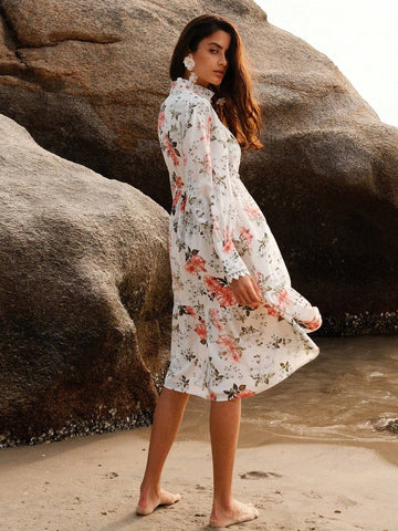 Anewsta Women's Floral Print Stand Collar Long Sleeve Elegant Dress With Flounced Hem For Spring/Summer