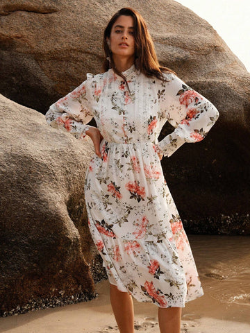 Anewsta Women's Floral Print Stand Collar Long Sleeve Elegant Dress With Flounced Hem For Spring/Summer