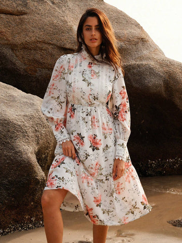 Anewsta Women's Floral Print Stand Collar Long Sleeve Elegant Dress With Flounced Hem For Spring/Summer