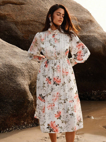 Anewsta Women's Floral Print Stand Collar Long Sleeve Elegant Dress With Flounced Hem For Spring/Summer