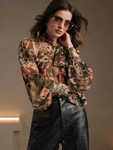 Anewsta Women's Floral & Leopard Print Bow Collar Blouse, Chic & Elegant, Autumn/Winter
