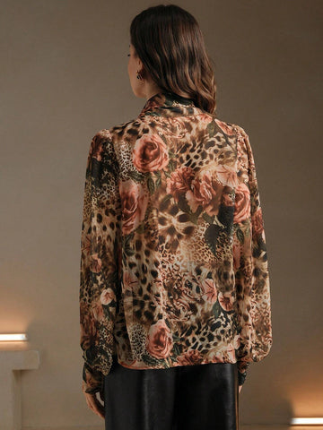 Anewsta Women's Floral & Leopard Print Bow Collar Blouse, Chic & Elegant, Autumn/Winter