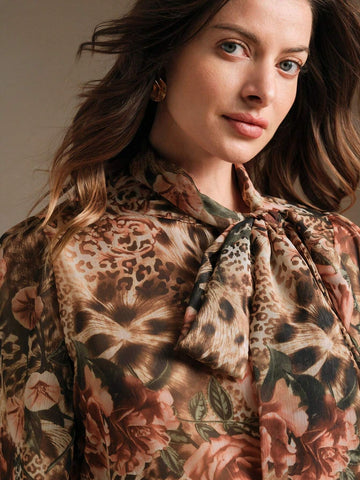 Anewsta Women's Floral & Leopard Print Bow Collar Blouse, Chic & Elegant, Autumn/Winter