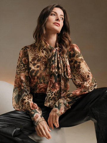 Anewsta Women's Floral & Leopard Print Bow Collar Blouse, Chic & Elegant, Autumn/Winter