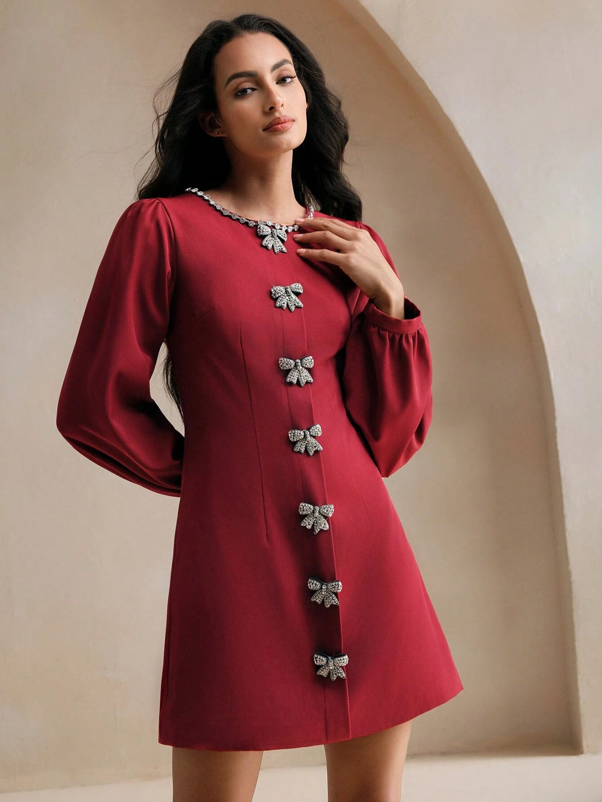 Anewsta Women's Glamorous Diamond Bow Tie Iridescent Burgundy Shiny Dress