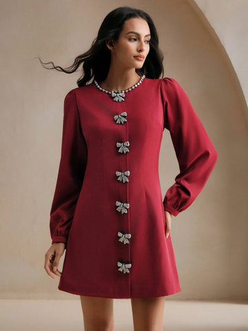 Anewsta Women's Glamorous Diamond Bow Tie Iridescent Burgundy Shiny Dress