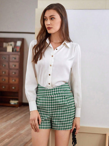 Anewsta Women's Green Plaid High Waist Crisscross Shorts