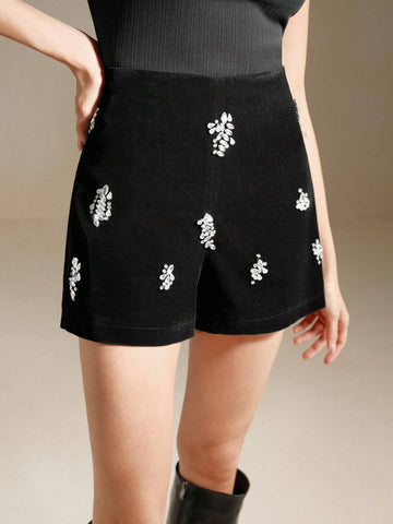 Anewsta Women's Handmade Rhinestone Decor Velvet Shorts, High-End Design Versatile Jewel Embellished Mini Skirt