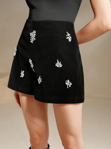 Anewsta Women's Handmade Rhinestone Decor Velvet Shorts, High-End Design Versatile Jewel Embellished Mini Skirt