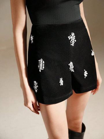Anewsta Women's Handmade Rhinestone Decor Velvet Shorts, High-End Design Versatile Jewel Embellished Mini Skirt