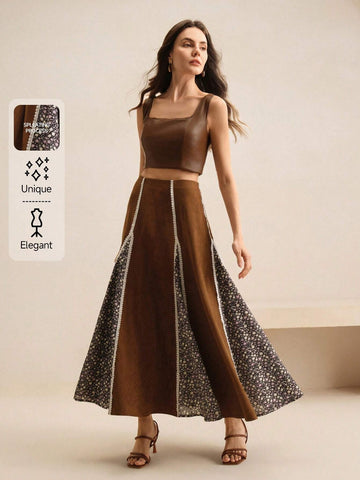 Anewsta Women's Khaki Beige Pleated Skirt, Elegant