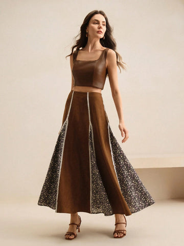 Anewsta Women's Khaki Beige Pleated Skirt, Elegant