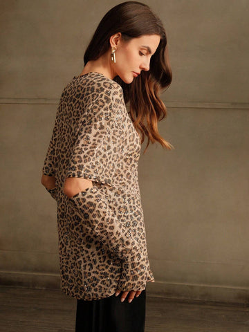 Women's Korean Style Niche Embellished Leopard Print Blouse T-Shirt With Puff Sleeves