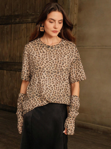 Women's Korean Style Niche Embellished Leopard Print Blouse T-Shirt With Puff Sleeves