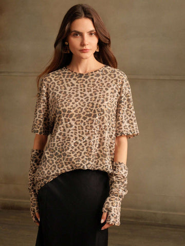Women's Korean Style Niche Embellished Leopard Print Blouse T-Shirt With Puff Sleeves