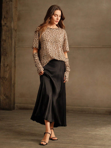 Women's Korean Style Niche Embellished Leopard Print Blouse T-Shirt With Puff Sleeves