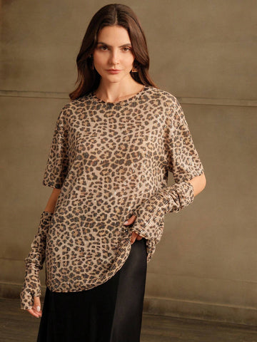 Women's Korean Style Niche Embellished Leopard Print Blouse T-Shirt With Puff Sleeves